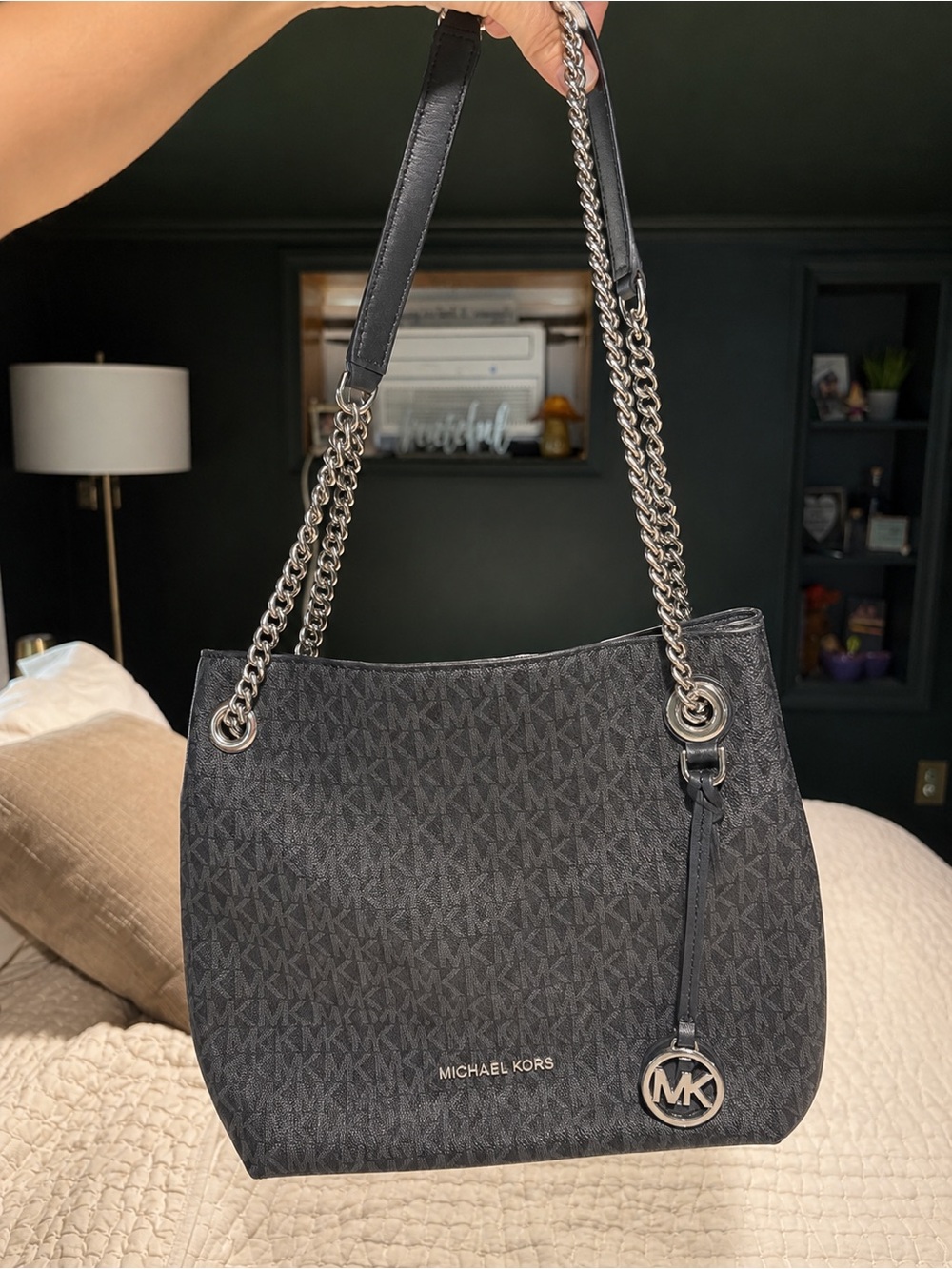 Michael Kors Black Signature MK Chain-Handle Shoulder Bag with Wristlet